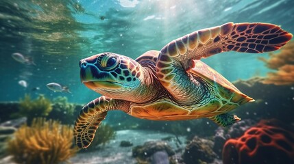 Fototapeta na wymiar a sea turtle swimming in the ocean. Generative AI Art.