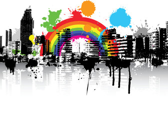 Abstract style urban grunge scene background with rainbow