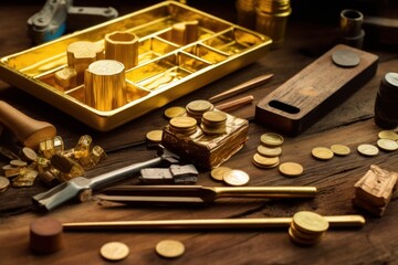 stock photo of gold bar and gold coin on the table photography Generative AI