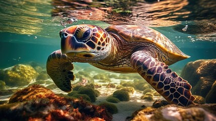 Fototapeta na wymiar a turtle swimming in the water. Generative AI Art.