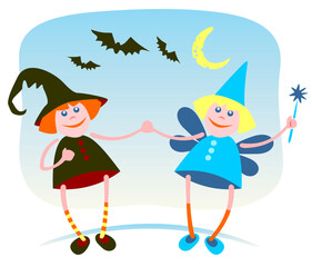 Young cartoon witch and fairy on a blue background. Halloween illustration.