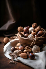 Different kinds of nuts in shell on dark background. AI generated