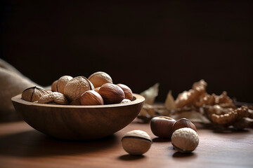 Nuts in shell on dark background. AI generated