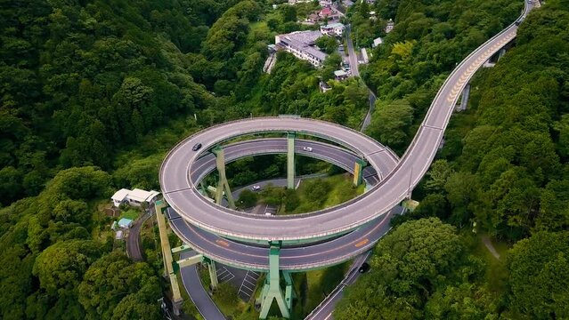 Aerial view of a complex Japanese round highway, Izu peninsula, Japan.