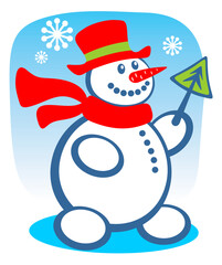 Cartoon snowball with fur-treeon a blue background. Christmas illustration.