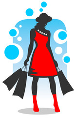 Pretty girl with packages  on a blue background.