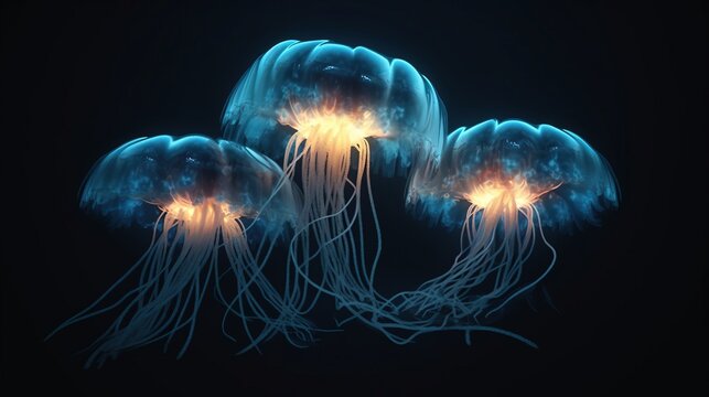 a group of jellyfish with glowing tentacles. Generative AI Art.