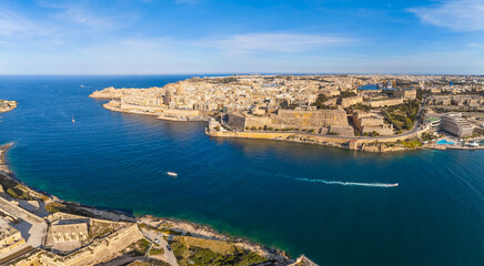 Drone panoramic view of Valletta old town, sea, Malta island, Europe