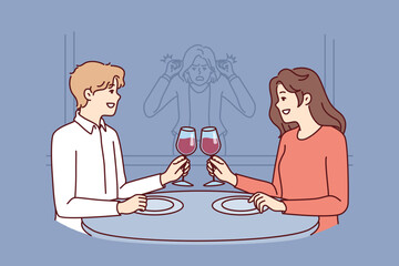 Stalker girl is watching date of former boyfriend drinking wine in restaurant with new girlfriend. Concept of jealousy and surveillance of loved one going on date or betrayal from cheating husband