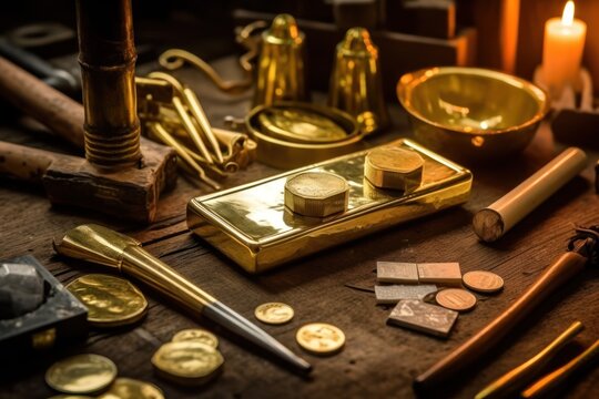 stock photo of gold bar and gold coin on the table photography Generative AI