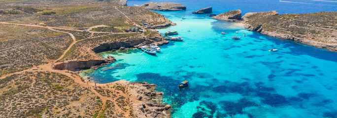 View of Blue Lagoon paradise, Comino island, Malta. Sea and beach - obrazy, fototapety, plakaty