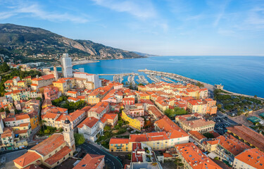 Aerial view colorful old town Menton and sea. French Riviera, France