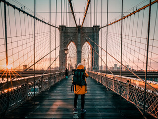 silhouette of a tourist on the  Brooklyn Bridge in New York city