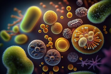Probiotics Bacteria Biology, microflora. Bowel health, Escherichia coli, colony. Microorganisms under microscope. Probiotics. Intestinal bacteria, Gut flora. Pathogenic infection agent.