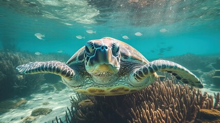 Obraz na płótnie Canvas a turtle swimming under water. Generative AI Art.