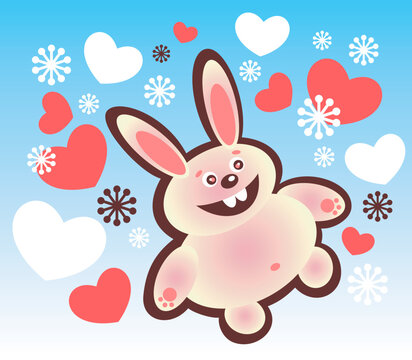 Cartoon happy rabbit and hearts on a blue background.