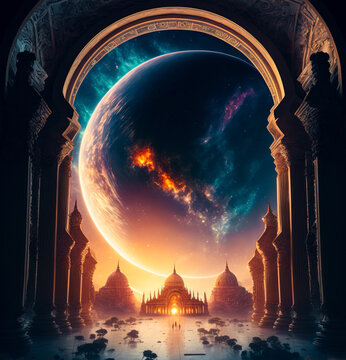 Fantasy Temple at sunset, Planet, Generative AI