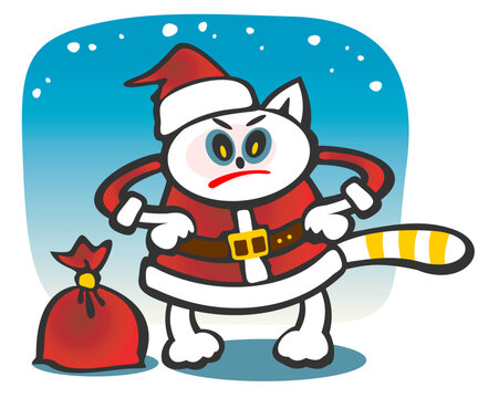 Angry santa cat with bag for presents on a blue background. Christmas illustration.