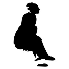 Silhouette of  a sitting Japanese woman wearing kimono and geta sandals. Traditional vintage style. Black silhouette on white background.
