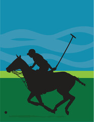 Black silhouette of a polo player and horse against a blue and green background