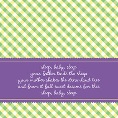 Bright colored birth announcement or greeting card with vichy background and baby lullaby