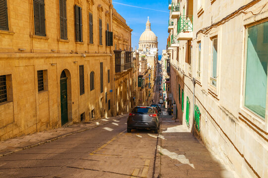 Street view in Valletta old town, Malta island, Europe. Sunny summer