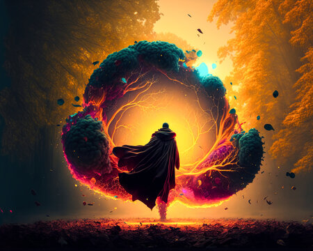 Through a portal at sunset, vibrant colors, unique, dynamic, Generative AI
