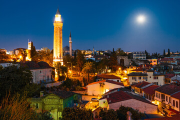 Naklejka premium Night view of old town Kaleici and mosque in Antalya, Turkey in summer