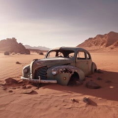 Retro car wreck in Sahara Desert, a mixed media creation, generative AI