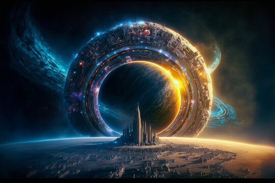 Planet with orbital rings in Space sci-fi fantasy, Generative AI