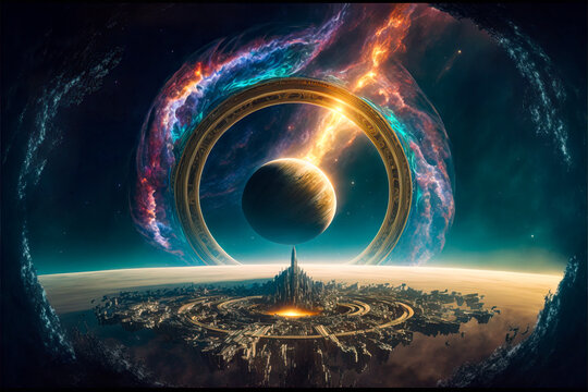 Planet with orbital rings in Space sci-fi fantasy, Generative AI