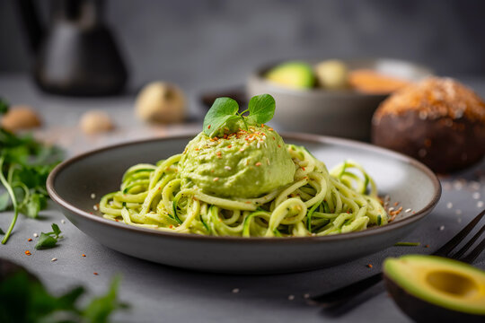 Zucchini pasta spaghetti with green sauce pesto. Generative AI illustration