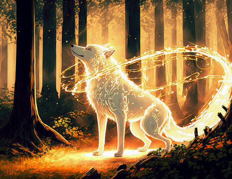 Spirit Wolf in the Forest, Stylized, Cartoon, Aura, Generative AI