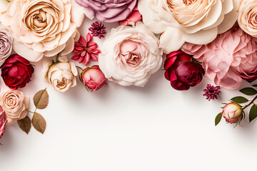 Beautiful rose flowers on white background, copy space, top view. Generative AI illustration