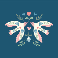 Vector birds, flowers, leaves  in folklore style. Doves of peace. Doodle illustrations with stylized decorative floral elements. Happy Earth Day background. Good for posters, t shirts, postcards.