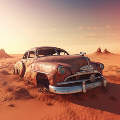 Fototapeta na wymiar Abandoned Retro Car in Sahara Desert - Mixed Media Illustration, generative AI