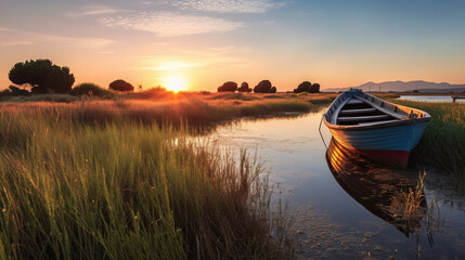 Boat on the lake at sunset. AI