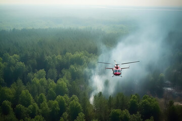 Naklejka na ściany i meble Firefighter helicopter extinguishes forest fire. Generative AI illustration