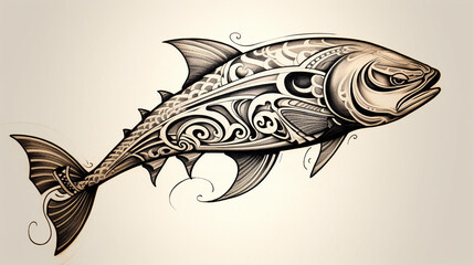 Polynesian art with intricate details of a salmon fish. Ideal for a tattoo design. 