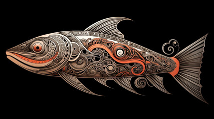 Polynesian art with intricate details of a salmon fish. Ideal for a tattoo design. 