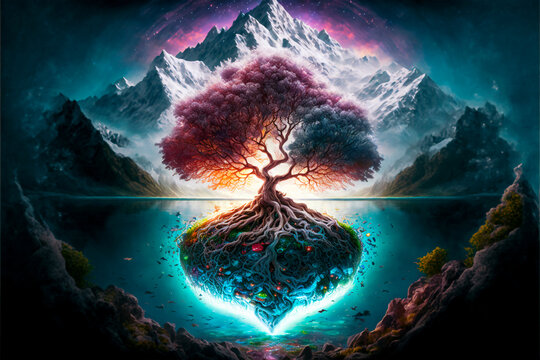 Tree of life with snowy mountains in the background, fantasy, Generative AI