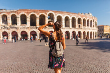 Toirust woman in Verona, Italy. Arena Verona, Roman amphitheater