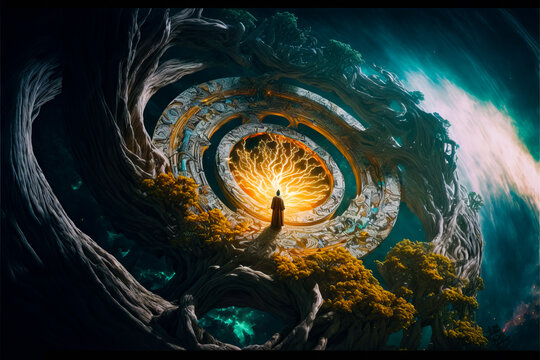 Cinematic Fractal background with spiral portal, Generative AI