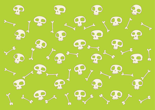 pattern made of  funny  skulls and bones on bright green background. Vector illustration