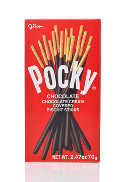IRIVNE, CALIFORNIA - 29 MAY 20223: A box of Pocky Chocolate covered Biscuit Sticks.
