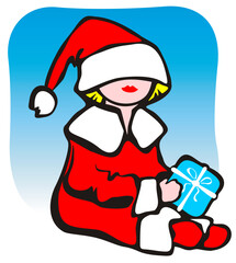 Cartoon girl in christmas clothes with gift. Christmas illustration..