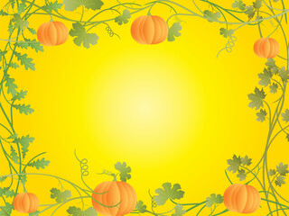 Vector floral frame with pumpkin on yellow background.