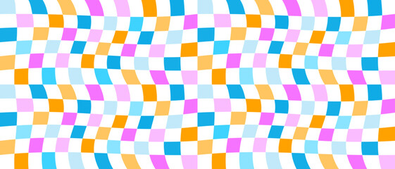 Colorful Twisted Checker Board Seamless Vector Pattern.Vintage Y2K Style Geometric Print. Pink, Yellow and Blue Squares on a White Background. Psychedelic Endless Design. RGB Colors Checkered Pattern.