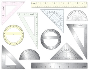 Set of editable vector rulers, set squares and protractors in plastic and metal - obrazy, fototapety, plakaty