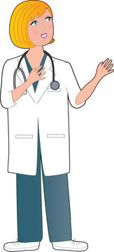 Front view of a blond caucasian nurse with a stethoscope standing and talking